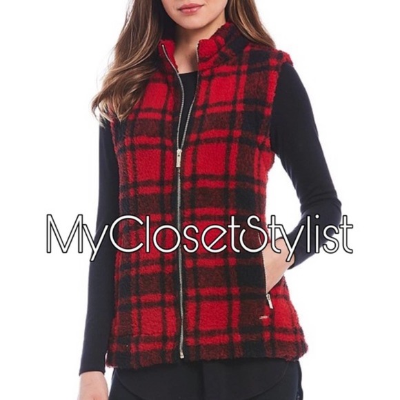 CALVIN KLEIN Sherpa Jacket Coat NWT XS Red Black Plaid New winter cozy cabincore - Picture 2 of 4